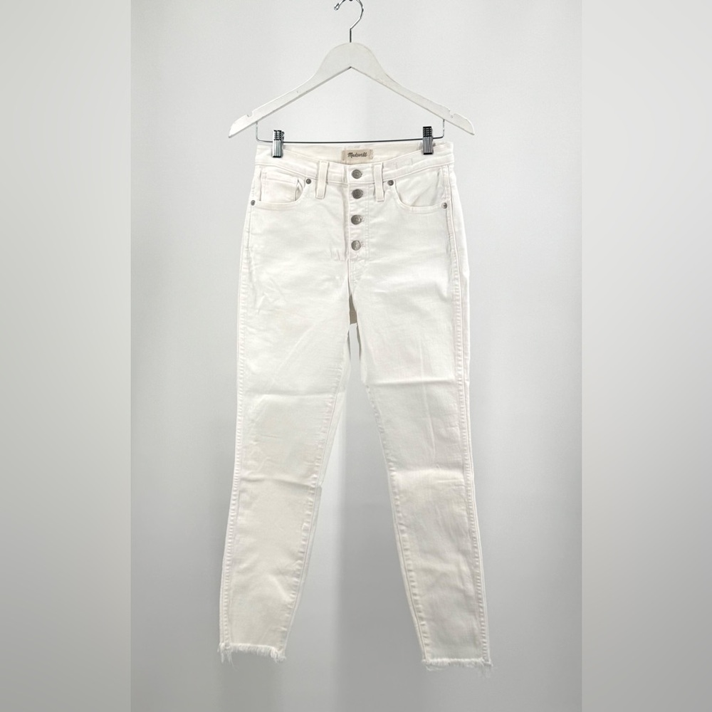 Madewell White 10” Skinny High Rise Crop Jeans Frayed Leg Button Front Size 28